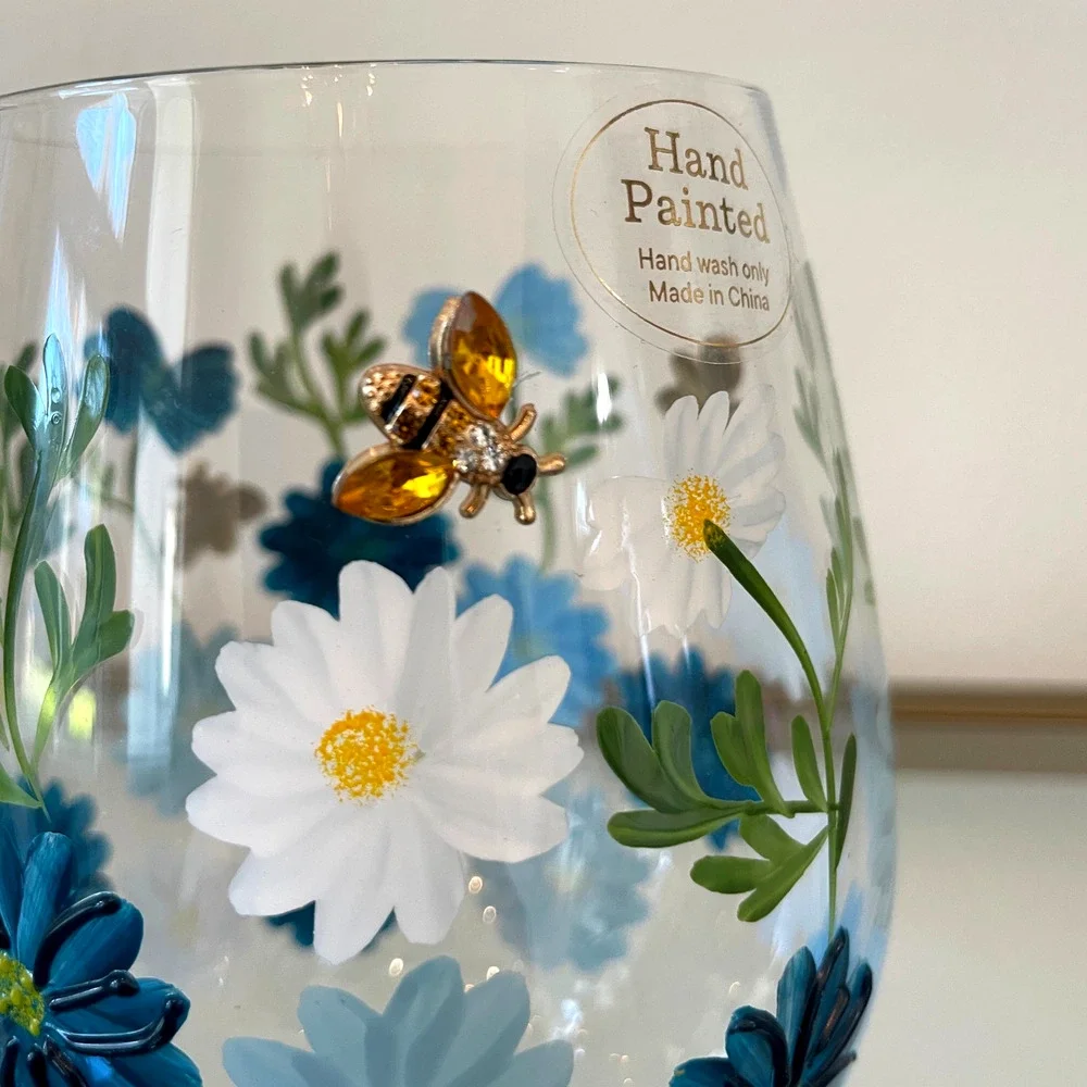 Hand Painted & Jeweled Stemless Wine Glass Blue Daisy Floral Bumblebee NEW